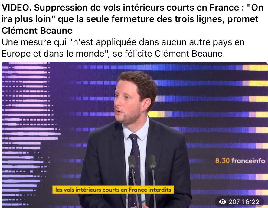 Le ministre des transports veut supprimer les avions. Il suit l’exemple du ministre de l’industrie qui supprime des usines,de celui de l’agriculture qui empêche de cultiver, de celui de l’énergie qui ferme les centrales, de celui de la santé qui ferme les hôpitaux etc🤨😡🤫