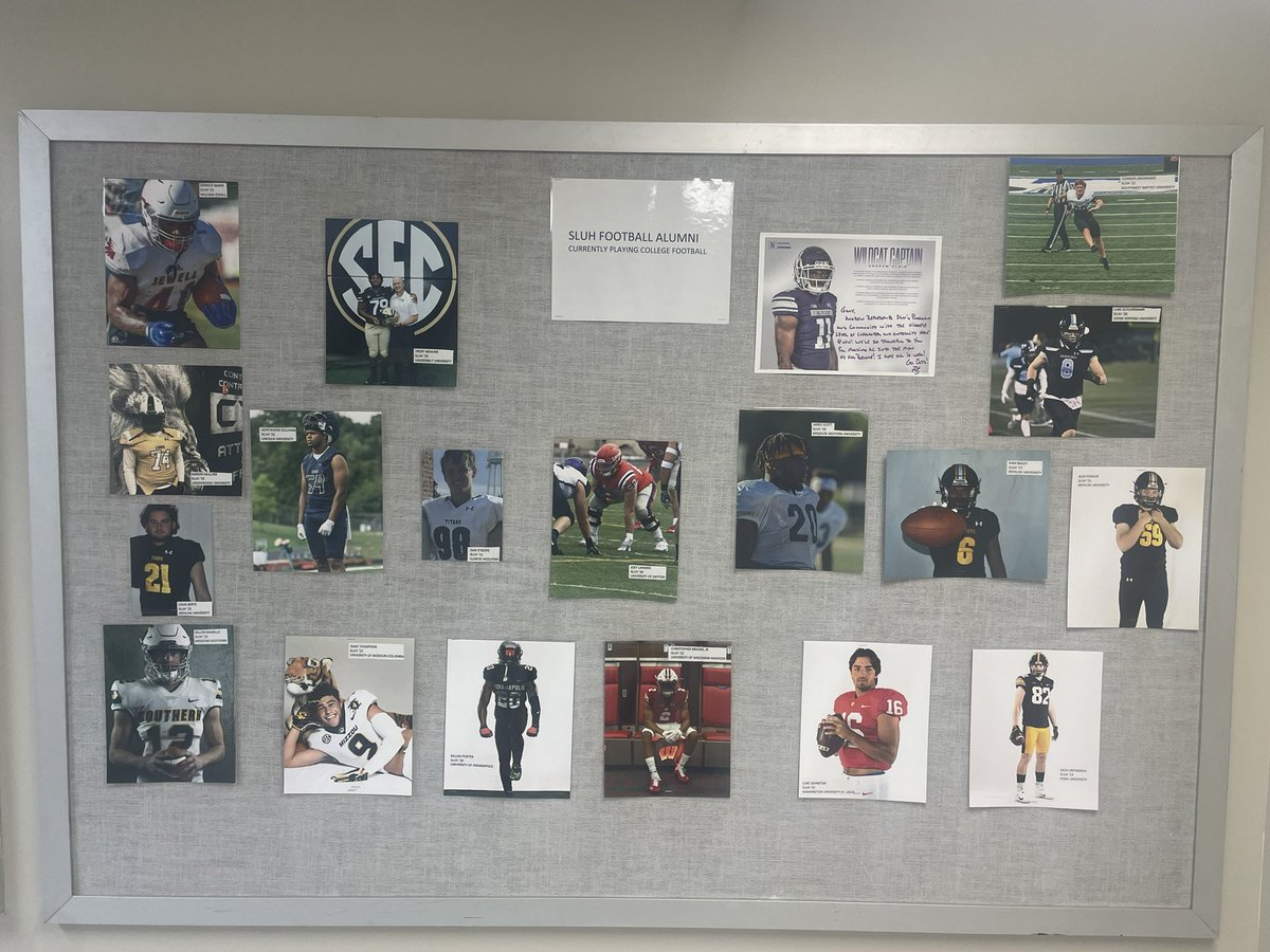 With exams over and graduation Sunday, our college football board is fully up to date with 5 members of the Class of 2023 joining the ranks. Can’t wait for Saturdays this fall checking out some of these Jr Bills who make us so proud #SLUHmade