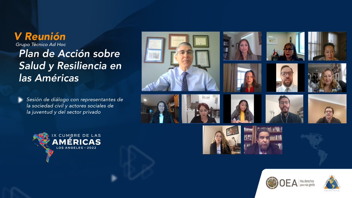 CumbreAmericas's tweet photo. Hoy tuvo lugar la V Reunión del Grupo Técnico Ad Hoc sobre Salud y Resiliencia en las Américas, en la que representantes de soc civil, juventud y sector privado presentaron sus aportes a la versión preliminar del proyecto de Plan de Acción de Salud y Resiliencia en las Américas. https://t.co/ph5c6tTHPl