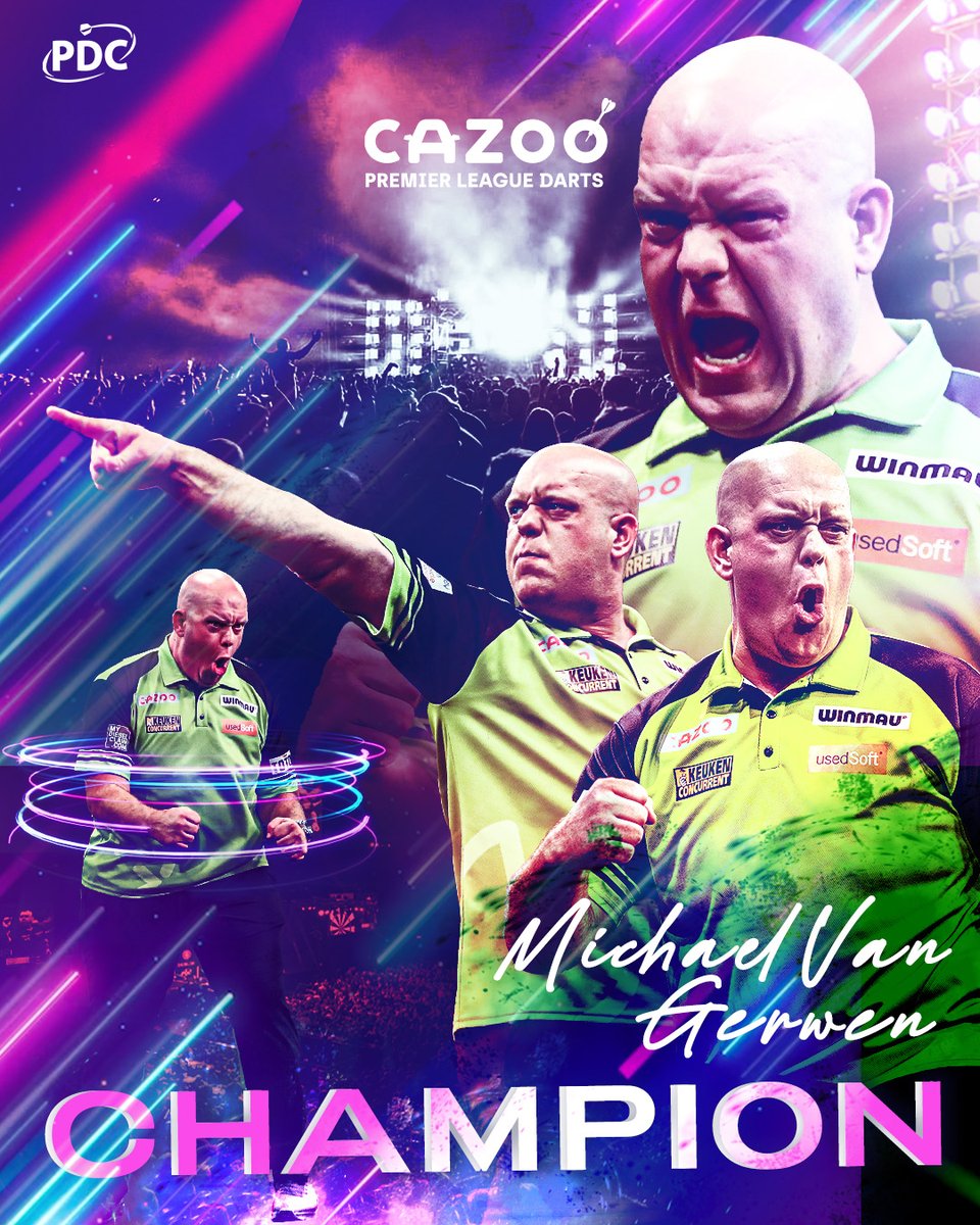 VAN GERWEN WINS THE PREMIER LEAGUE! 🏆

It's a record-breaking SEVENTH Cazoo Premier League title for Michael van Gerwen as he thumps Gerwyn Price 11-5 in the final.

#PLDarts