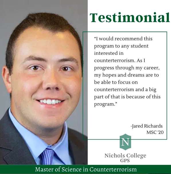 NC_MSC's tweet image. The MSC program helped Jared find where he wanted his professional career to go. The MSC program also provided him with a thorough understanding of those threats and how to mitigate them in order to protect national security.