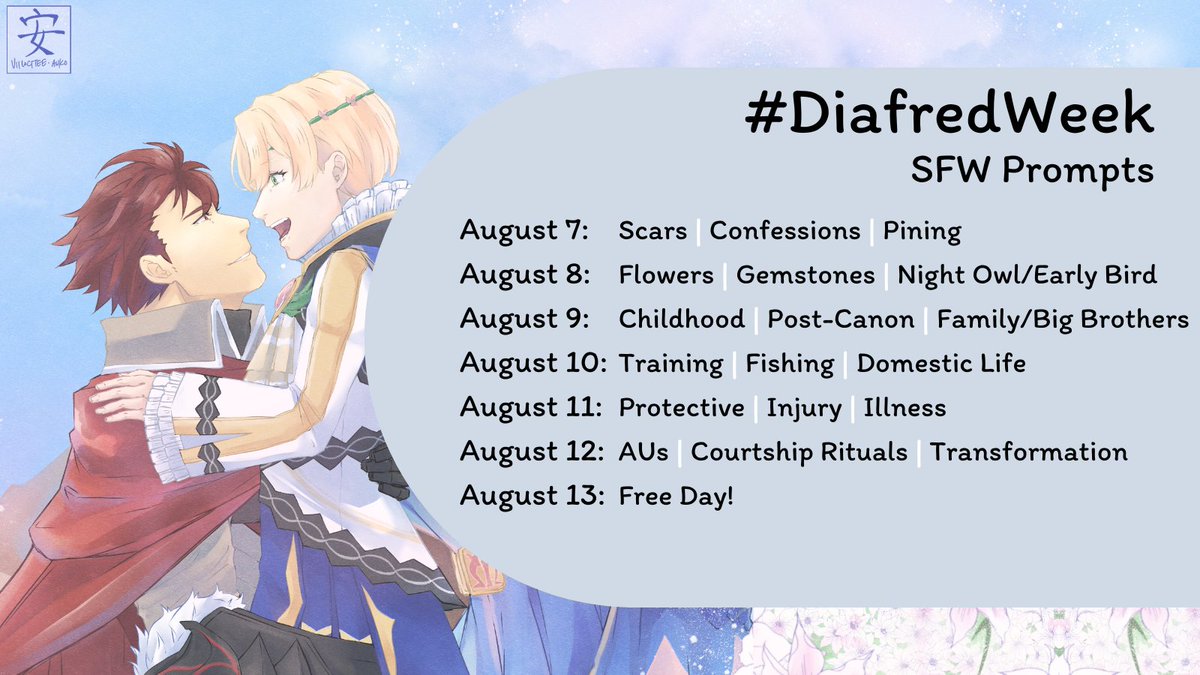 DiafredWeek's tweet photo. Announcing our prompt list + rules for #DiafredWeek! You can also find this on our Carrd: https://t.co/Q7XTfP1XuM
Thank you to @viilocitee for letting me use your beautiful piece for some of the promo material!
#Diafred #Dialfred #FireEmblemEngage https://t.co/FEh5GpA5lN