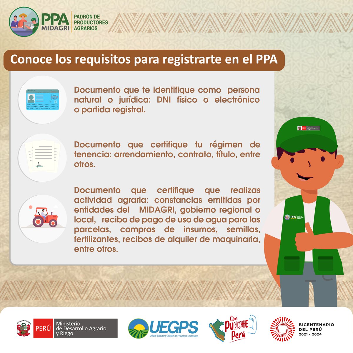 Uegps_Midagri's tweet photo. #UEGPSInforma | 

¡Amigo agricultor, recuerda presentar estos documentos para ser parte del Padrón de Productores Agrarios - #PPA! 👩‍🌾🧑‍🌾 https://t.co/LbpkTB5U3o