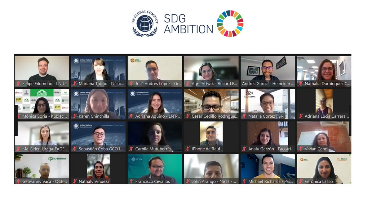 PactoGlobalEcua's tweet image. Junto a @pactocolombia, @pactoglobalpy, @PactoGlobalPERU y @PactoglobalUY realizamos la sesión de cierre del programa #SDGAmbition, el cual apoya a las empresas participantes de Pacto Global para establecer objetivos corporativos ambiciosos y acelerar la integración de los #ODS…