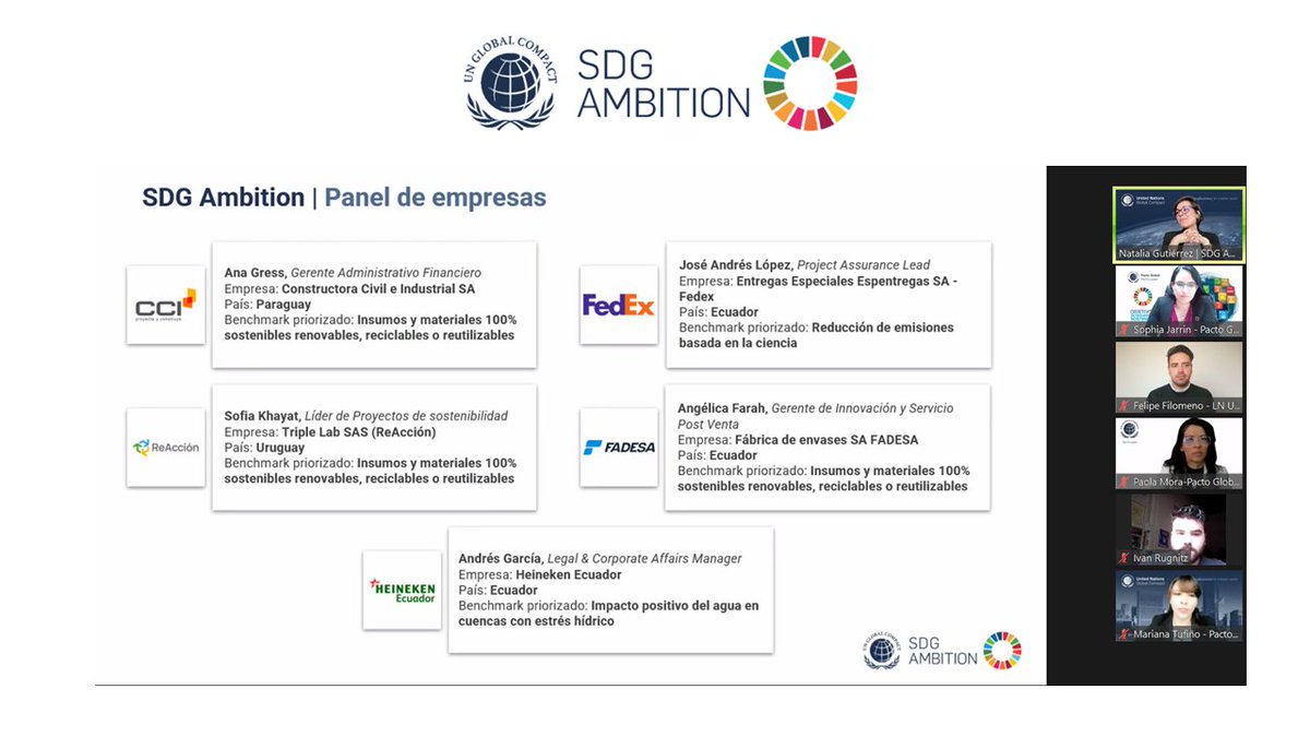 PactoGlobalEcua's tweet image. Junto a @pactocolombia, @pactoglobalpy, @PactoGlobalPERU y @PactoglobalUY realizamos la sesión de cierre del programa #SDGAmbition, el cual apoya a las empresas participantes de Pacto Global para establecer objetivos corporativos ambiciosos y acelerar la integración de los #ODS…