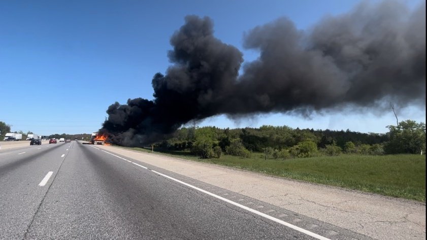 #CambridgeOPP investigating a truck fire #Hwy401 eastbound, west of #Hwy6 south. Fire on scene. Two lanes blocked causing heavy delays. Use caution when approaching the area ^er
