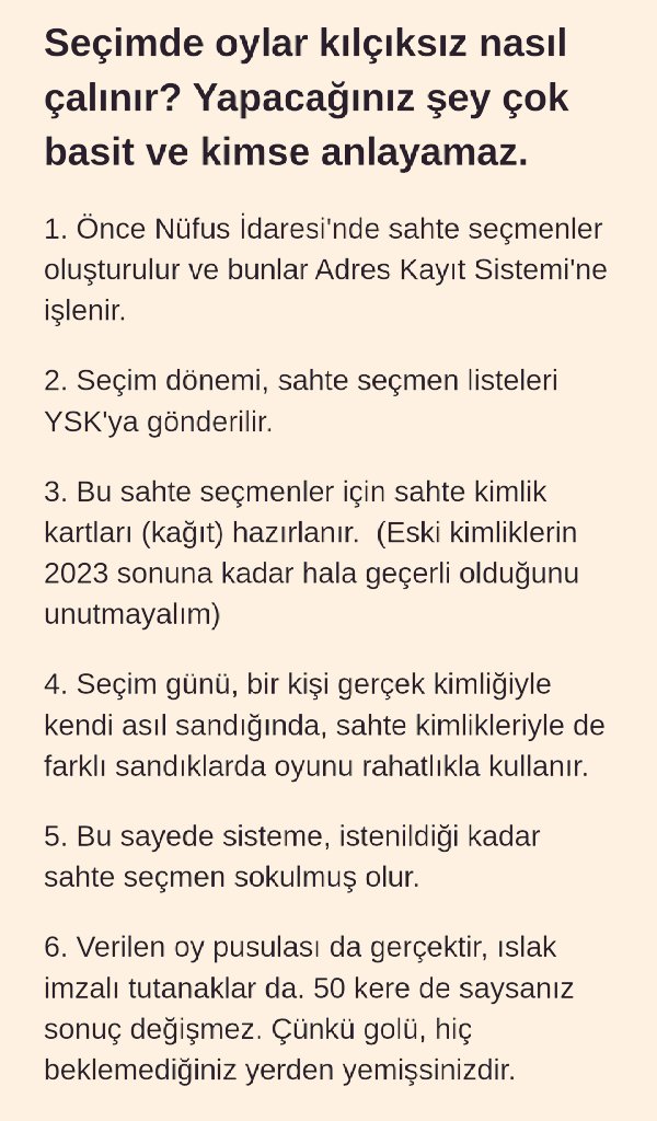 @hcimsit @Zeal_and_Hope Böyle bir iddia var, doğruysa çok vahim.. Bunun yanında bir de hala 1.turun bile sonuçlarını sayfasında açıklamayan bir şaibeli ysk faktörü var, bunların da önlemi alınmalı, bunlardan her şey ama her şey beklenir.. 👇