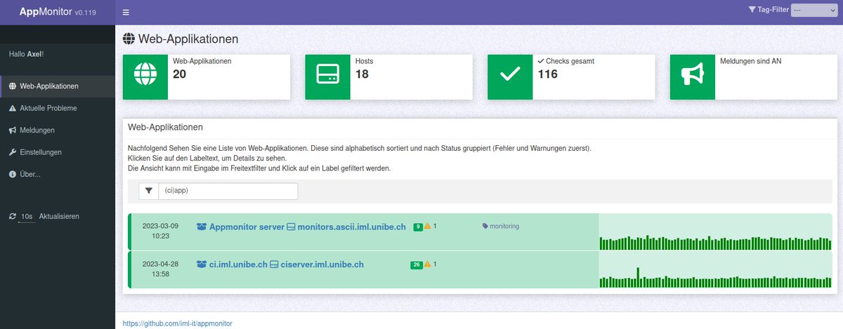 axelausbern's tweet photo. Unser Appmonitor brauchte mehr und bessere Infos in der Übersichtsseite. Nun sieht man bereits hier, seit wann der Status so ist und auch den zeitlichen Verlauf der letzten Checks.

https://t.co/KYPn0oScUw |
https://t.co/woMqAg6IMw

@institute_iml 
#FOSS #opensource #php https://t.co/kbRHX8K2nE