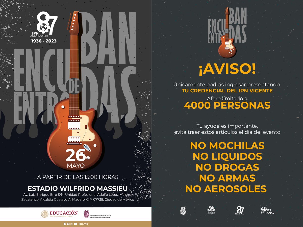 Atención comunidad!!!! Se les invita a ir al ENCUENTRO DE BANDAS, el día 26 de mayo en el Estadio Wilfrido Massieu, a partir de las 15:00 horas