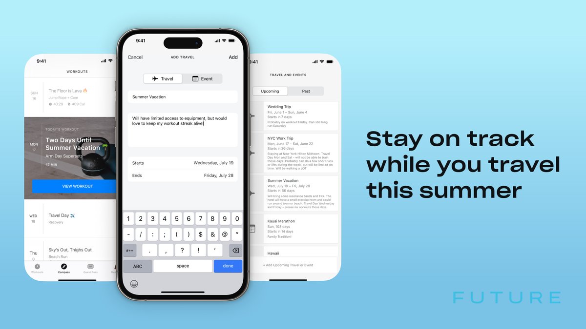 futurefitapp's tweet photo. Each week we’ll share a #FutureFeature that helps members get the most out of their training. This week: the travel &amp; events feature.

How it works:
✅Add upcoming travel plans to the app
✅Your coach will adjust your exercise program
✅Get workouts that fit your summer schedule https://t.co/BRFudy3Vn4