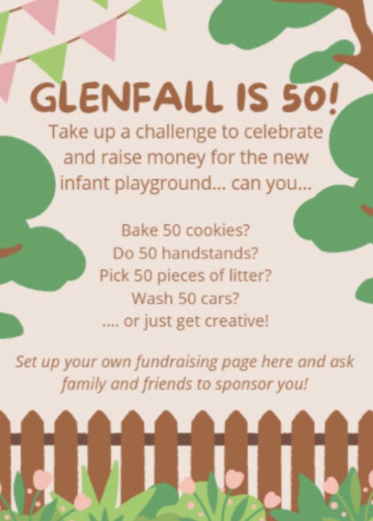 GlenfallSchool's tweet photo. FABULOUS FUNDRAISING To celebrate the schools 50th Anniversary and to raise funds for new equipment for the infant playground the children are completing activities based around 50. Have a look at our fund raising pages here https://t.co/ctf5hSy9tw https://t.co/Mu5jAPvGRU