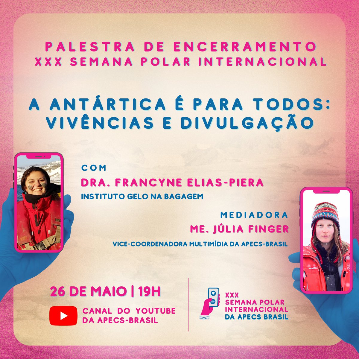 APECSBrasil's tweet photo. Enquanto as atividades da Semana Polar estão acontecendo nas escolas, já nos preparamos para o encerramento simbólico da XXX SPI. A palestra de encerramento é com a Dra. Fran do Instituto @gelonabagagem,  com o tema “A Antártica é para todos: Vivências e Divulgação”.

#xxxspi https://t.co/TSwKc3HCww