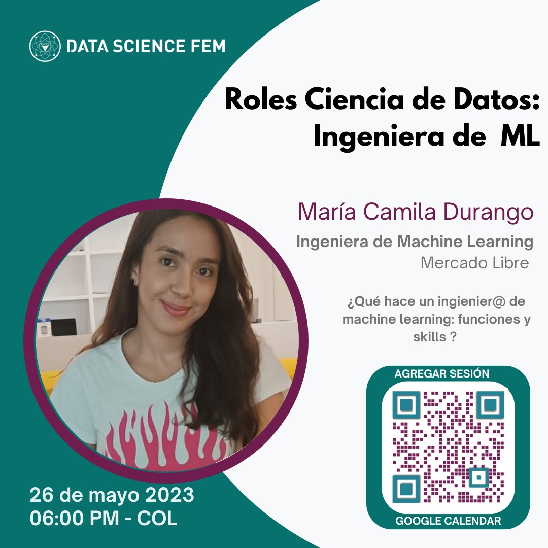 DataScienceFEM's tweet image. 📌Atención todes, esta semana cerramos con broche de oro nuestra serie de eventos Roles en Ciencia de Datos.
⚡Conoceremos un poco de la historia de Maria Camila Durango, una mente inquieta, impulsada por la pasión por el machine learning y las matemáticas.
#DataScienceFEM
