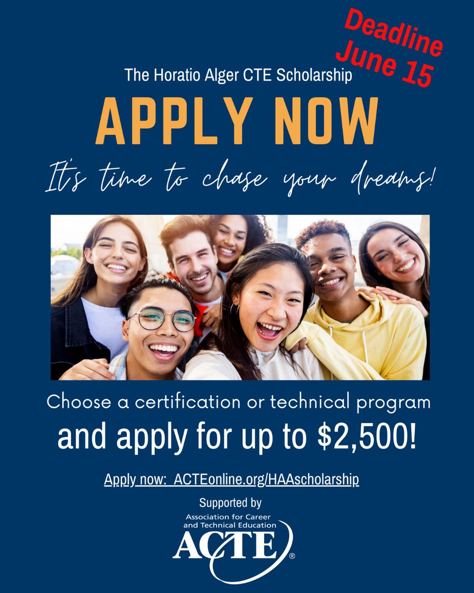 This scholarship can award up to $2,500 to pursue a career certification or technical education at an accredited non-profit post-secondary institution in the United States. Apply for the Horatio Alger Certification and Technical Scholarship by June 15. acteonline.org/hascholarship