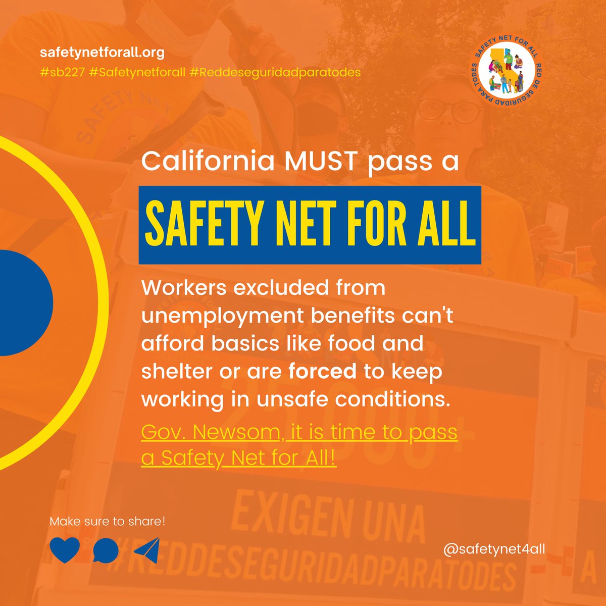 Workers excluded from unemployment benefits are either denied access to basics like food/shelter or forced to keep working in unsafe conditions. Protect our most vulnerable and essential workers! #SB227 #SafetyNetforAll