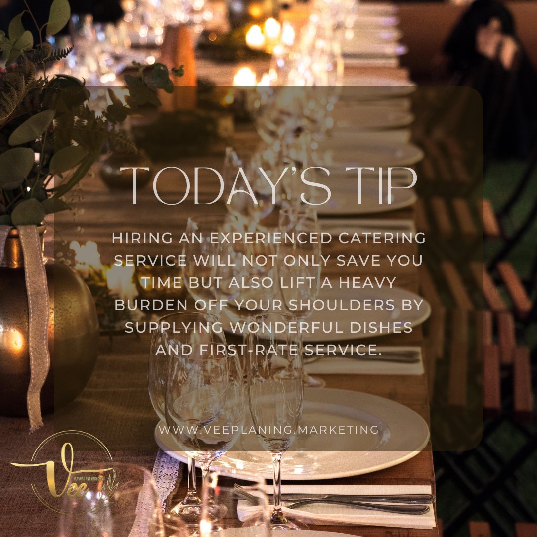 A great catering service can be your event’s guardian, taking care of all your food and beverage needs with top-notch dishes and service, freeing you up to enjoy your event and mingle with your guests.

#eventplanner #organizer #eventrentals #veeplanning #events #ThursdayTips