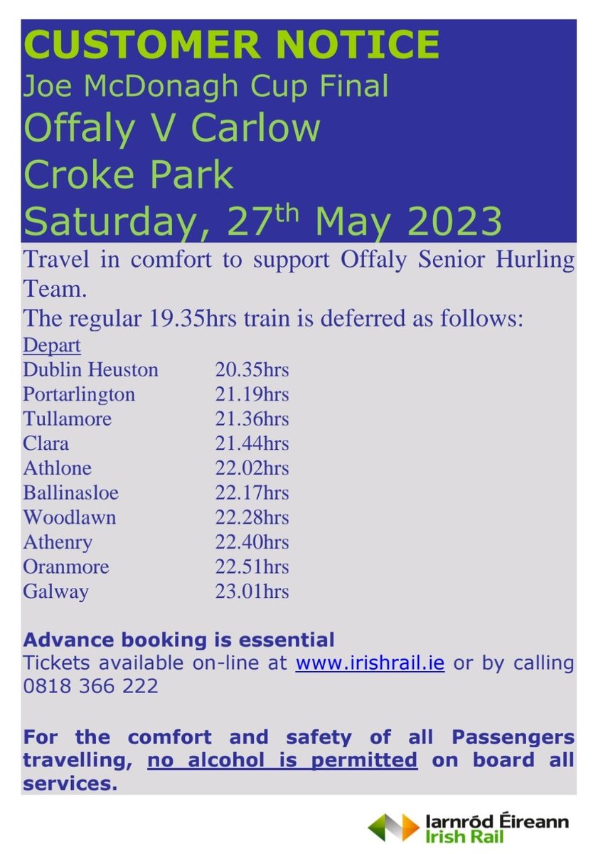 𝙅𝙤𝙚 𝙈𝙘𝘿𝙤𝙣𝙖𝙜𝙝 𝘾𝙪𝙥 𝙁𝙞𝙣𝙖𝙡 
𝘾𝙧𝙤𝙠𝙚 𝙋𝙖𝙧𝙠 

𝙊𝙛𝙛𝙖𝙡𝙮 𝙫 𝘾𝙖𝙧𝙡𝙤𝙬 

Saturday 27th, Throw in 4.45pm 

All support will be greatly appreciated.

Click the link for tickets: rb.gy/nxszw

See train details in the graphic.