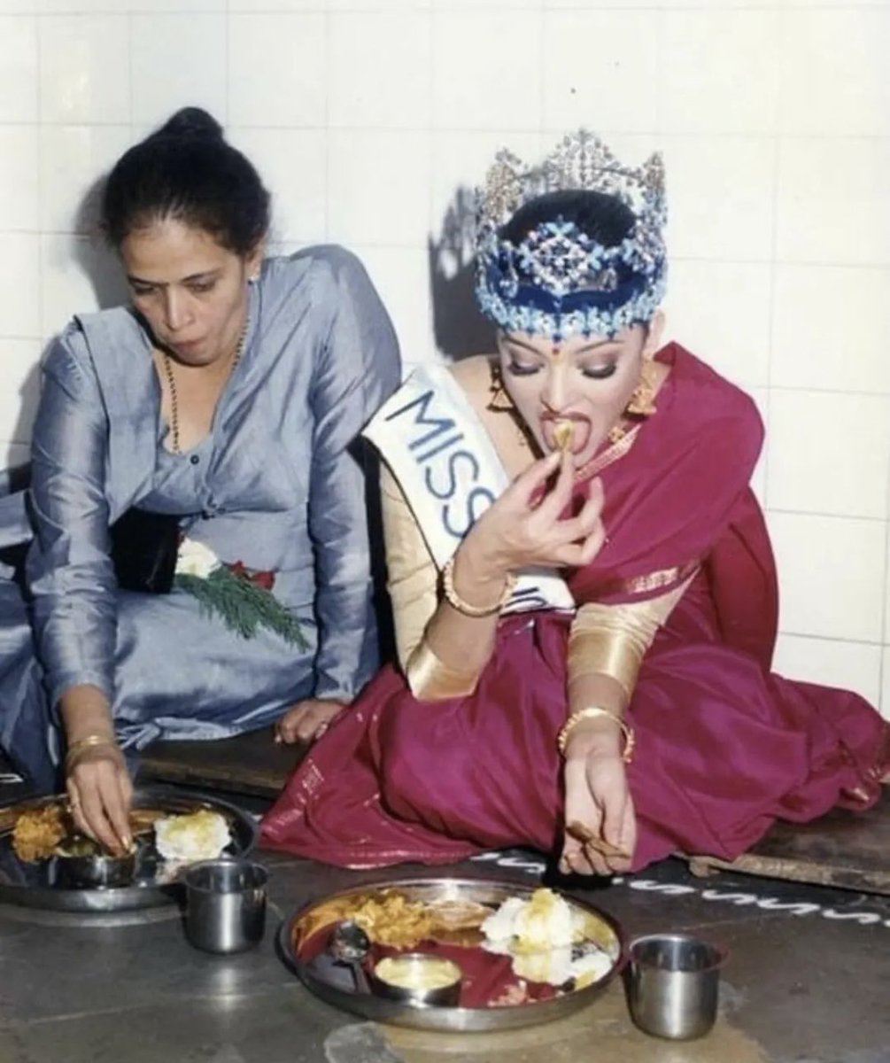 Miss World 1994, Aishwarya Rai alongside her mother having lunch with her Miss World Crown on.