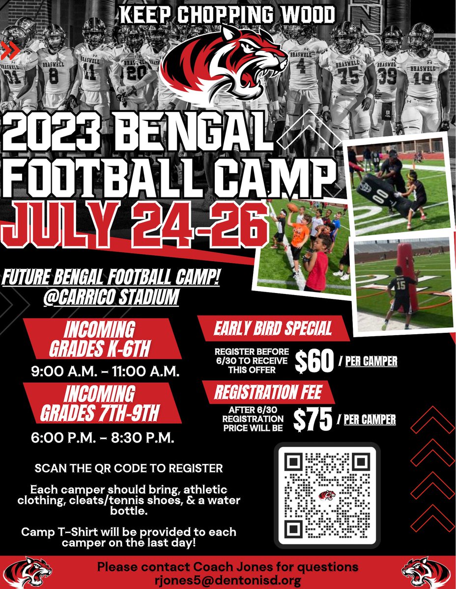 Braswell Bengal Football (@bengallifestyle) on Twitter photo ๐๐ซ๐๐ฌ๐ฐ๐๐ฅ๐ฅ ๐๐๐ง๐ ๐๐ฅ ๐๐จ๐ฎ๐ญ๐ก ๐
๐จ๐จ๐ญ๐๐๐ฅ๐ฅ ๐๐๐ฆ๐ฉ!
๐
Mon. July 24 - Wed. July 26
๐Grades K-9th
๐Carrico Stadium
๐ฐ$60 | Early Registration Ends June 30th
๐ฐ$75 After June 30th
Registration Link: rankonesport.com/Public/Camps/Cโฆ
#KeepChoppingWood ๐ช ๐๐ซ๐๐ฌ๐ฐ๐๐ฅ๐ฅ ๐๐๐ง๐ ๐๐ฅ ๐๐จ๐ฎ๐ญ๐ก ๐
๐จ๐จ๐ญ๐๐๐ฅ๐ฅ ๐๐๐ฆ๐ฉ!
๐
Mon. July 24 - Wed. July 26
๐Grades K-9th
๐Carrico Stadium
๐ฐ$60 | Early Registration Ends June 30th
๐ฐ$75 After June 30th
Registration Link: rankonesport.com/Public/Camps/Cโฆ
#KeepChoppingWood ๐ช