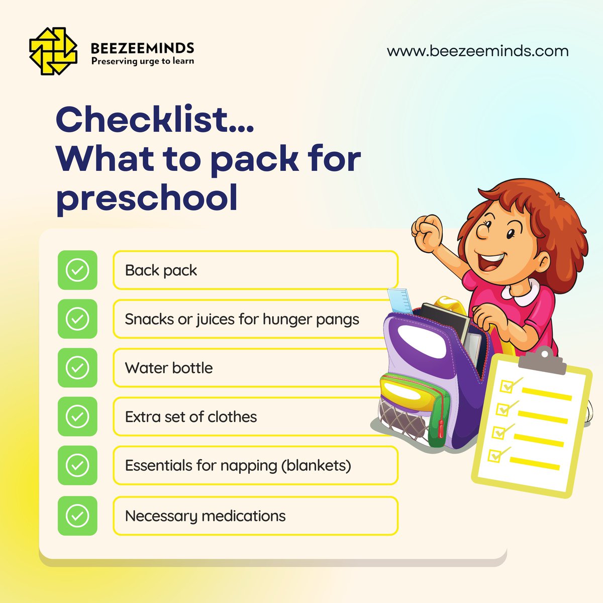 Heading off to preschool?
Make sure you're prepared with our comprehensive packing checklist!

Visit Our Website: beezeeminds.com

#PreschoolPreparation #PreschoolPackingChecklist #PreschoolEssentials #PreschoolLife #PreschoolAdventures #PreschoolLearning #PreschoolFun