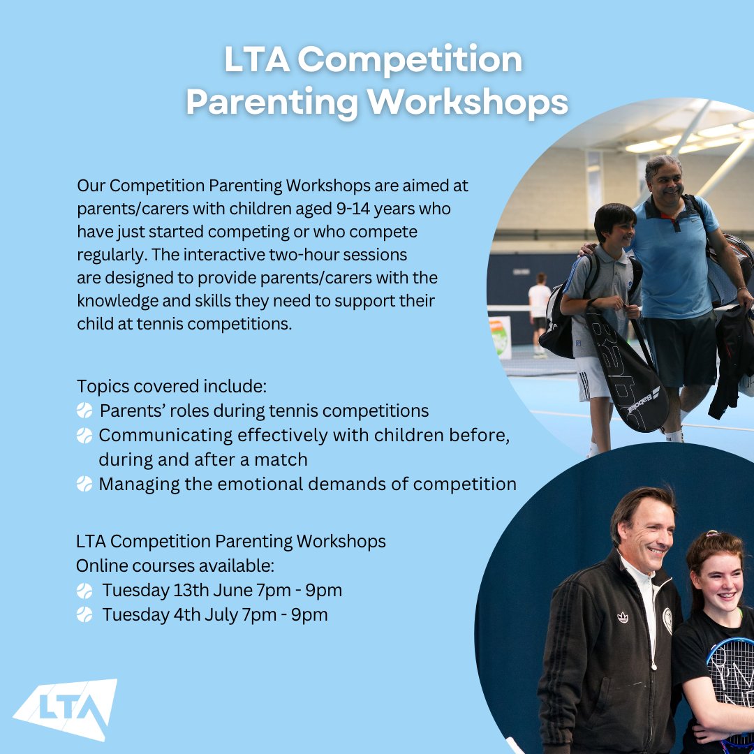 LTA Competition Parenting Workshops - ideal for parents/carers with children aged 9-14 years who are competing - book online now for free:
Tuesday 13th June 7-9pm - tinyurl.com/ycxcuuk9
Tuesday 4th July 7-9pm - tinyurl.com/mjfumt2t