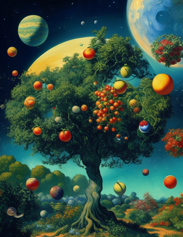 nerdynav's tweet photo. @HBCoop_ Prompt: "Planets as fruits on trees in a space garden. Van Gogh."
#ai #treeoflife #spacetree #planettree #aiartcommunity https://t.co/rgMgLUJUAi