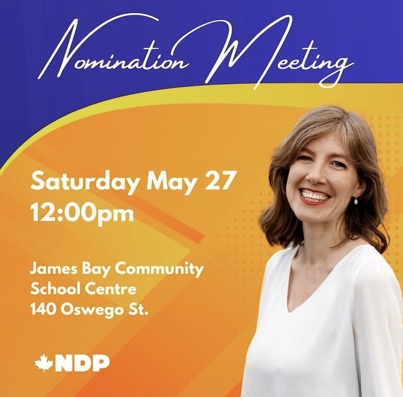 This Saturday, come nominate me as the @NDP candidate in the next federal election! Join us and our special guest MLA @Rob_Fleming Saturday, May 27th at 12pm! Everyone is welcome to attend. I'd love to see you there!