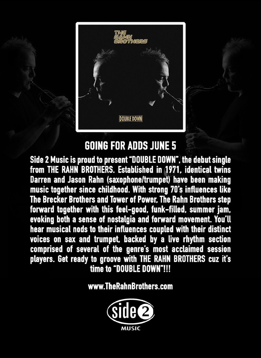 GOING FOR ADDS at Radio JUNE 5TH with radio promotion by @gorovmusic. Looking forward to sharing our new jam “DOUBLE DOWN” with you all on @side2music 🎷🎺<a href="/therahnbrothers/">The Rahn Brothers</a> @jasonrahn <a href="/darrenrahn/">Darren Rahn</a> visit TheRahnBrothers.com