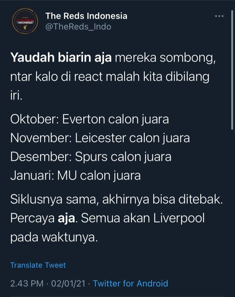 Sejak tweet ini dibuat, dalam 3 musim, Liverpool 0 EPL, 2x dipantatin Emyu dan musim ini bermain di UEL

Semua akan apa adik2? 🤣🤣🤣🤣
