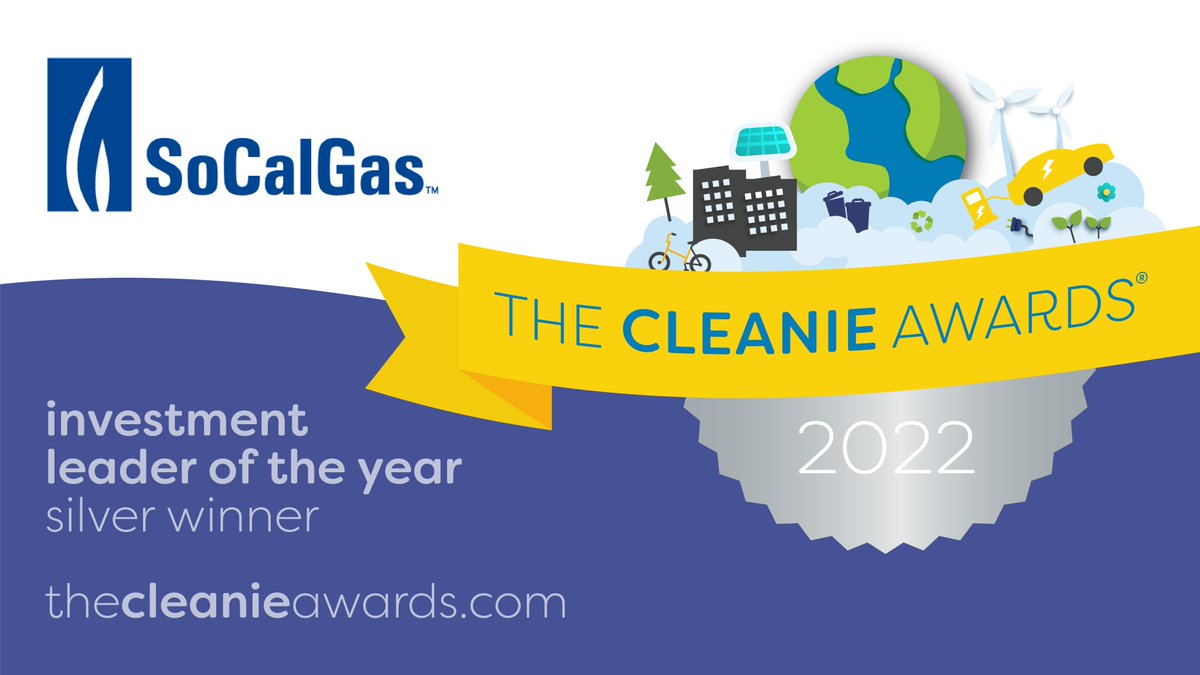 socalgas's tweet photo. Our RD&amp;D dept has been recognized as “Silver Winner" in the category of “Clean Energy Investment Leader of the Year”. @cleanieawards are a cleantech industry awards program focused on honoring innovators who are creating market-moving climate solutions. https://t.co/2pshn1SuBP https://t.co/oLUktnFKhX