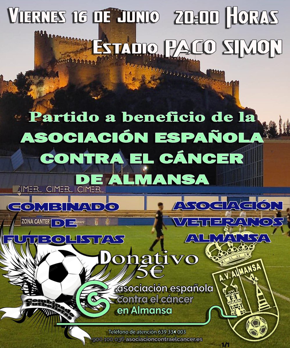 Partido benéfico de la Asociación del cáncer en Almansa
⚽️⚽️⚽️⚽️⚽️
🗓️ Viernes 16 de Junio
🕗 20:00h
🏟️Estadio municipal “Paco Simón” de Almansa

COMBY JUGADORES - ASOCIACIÓN VETERANOS ALMANSA