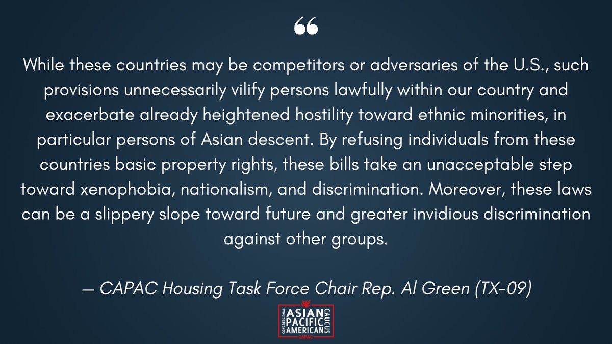 TODAY—CAPAC Leaders @RepJudyChu & @RepAlGreen introduced the Preemption of Real Property Discrimination Act. If signed into law, states like Florida couldn't bar people from China, Iran, N. Korea or elsewhere from purchasing property solely because of their nation of origin.