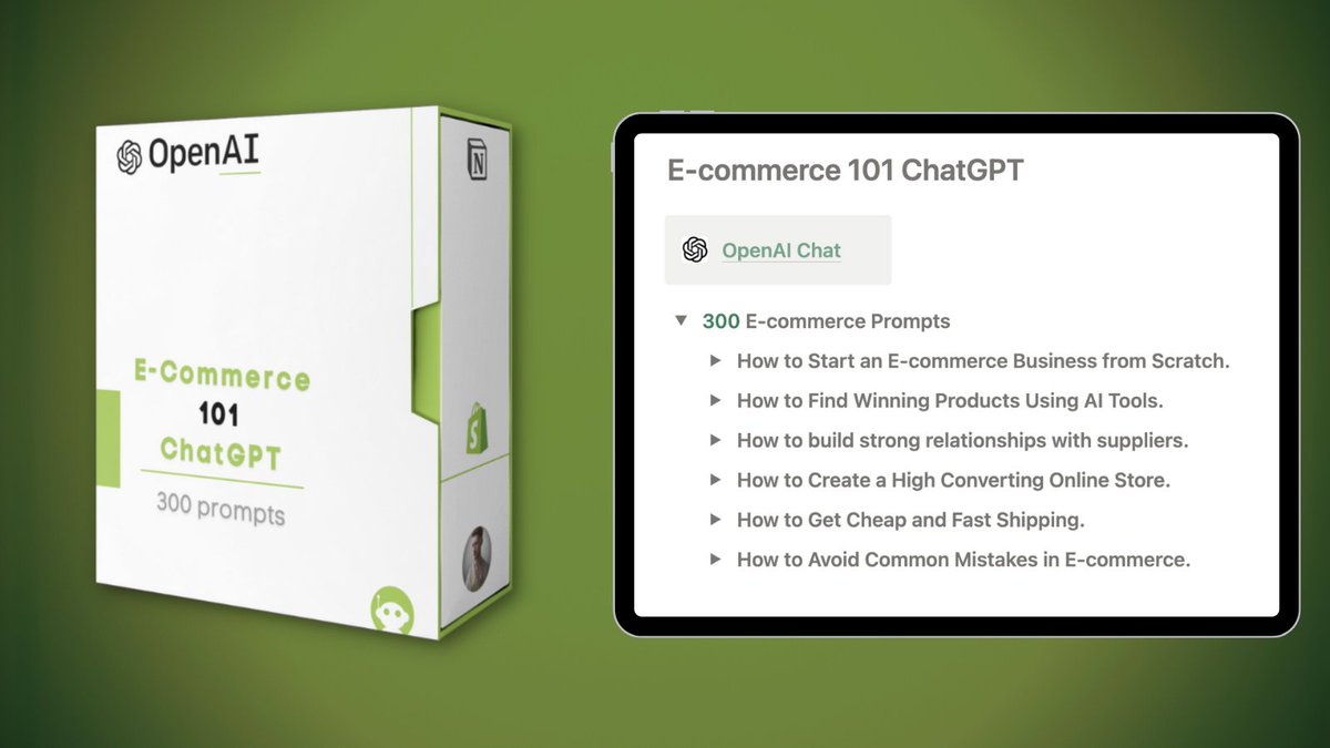 reachvaldo's tweet image. Just admit it, you think E-commerce is hard.

ChatGPT don&apos;t.

That&apos;s why I built 300 prompts to help entrepreneurs run a profitable store.

Normally $97

But for the next 24 hrs, it&apos;s FREE of charge!

Like &amp;amp; Reply below with a &quot;✅&quot;  and I&apos;ll send you the bundle.