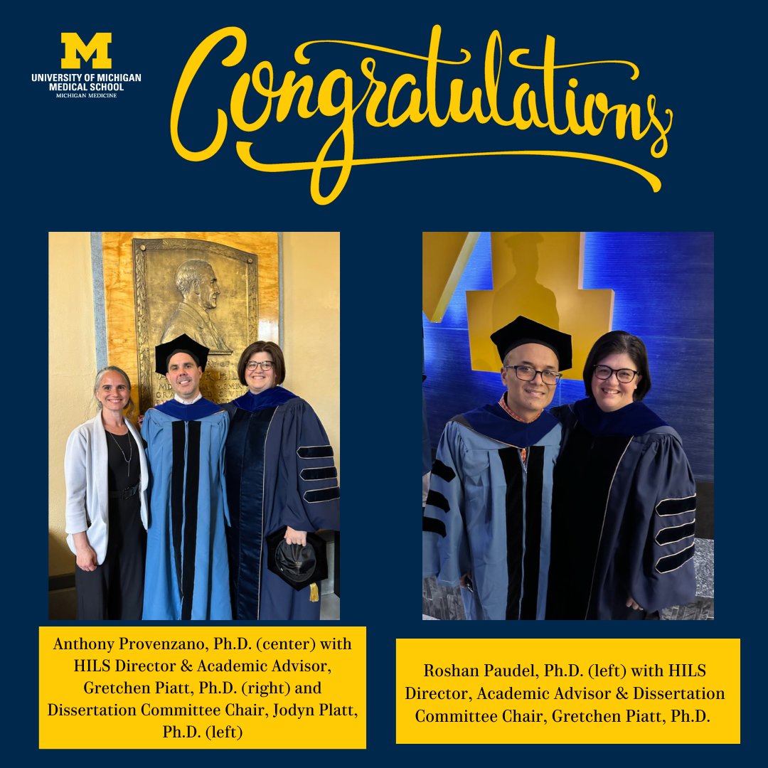 Congrats to recent @umichDLHS HILS Ph.D. and M.S. graduates! We are proud of you @StephanieVHall, @RoshanPaudel, @anthony2515, Allison Brenner & Christabella Cherubino #UMHILS #HILSOnline @gretchenpiatt @MGoBeth @jeplatt @carens8892  medicine.umich.edu/dept/lhs/news/…