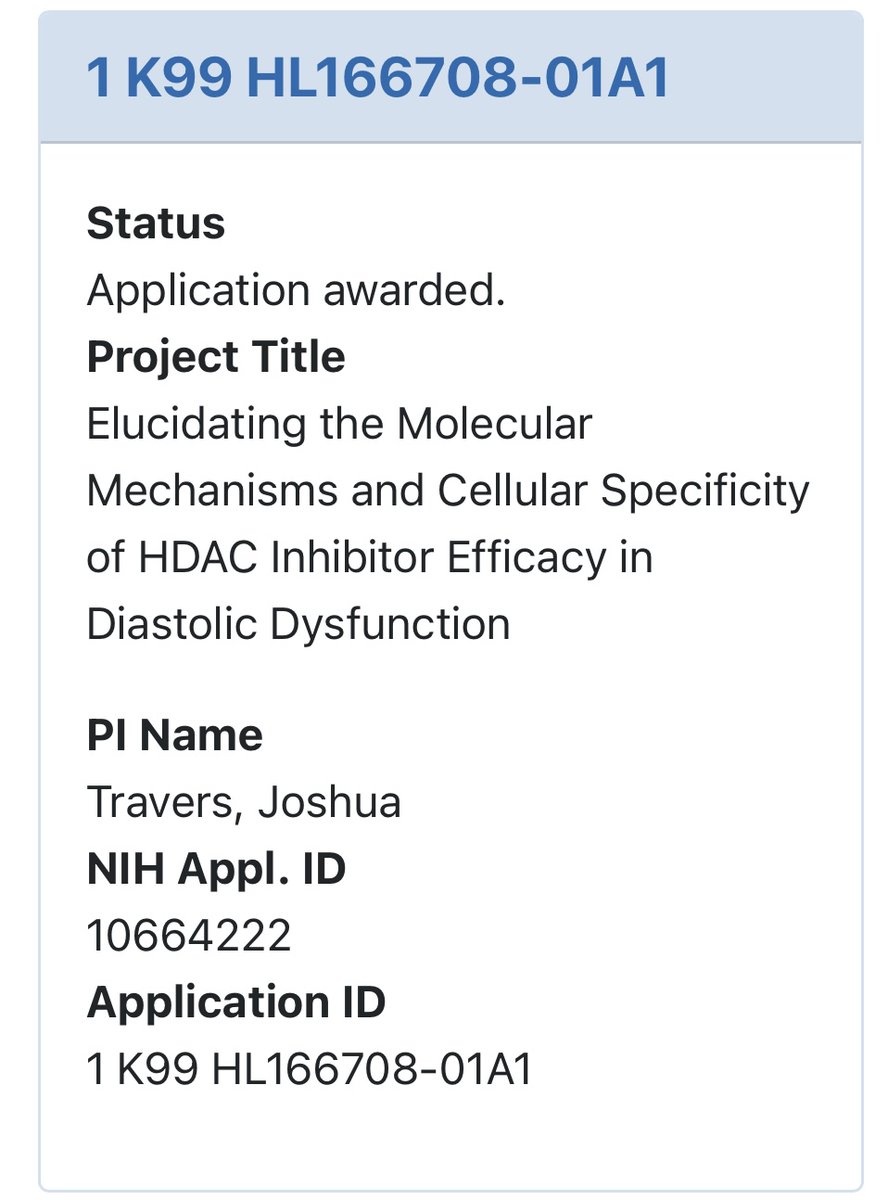 Josh Travers (@joshtravers89) on Twitter photo I'm delighted to share the Notice of Award for my K99 to further explore HDAC inhibition in diastolic dysfunction and HFpEF. Very grateful for the support from my advisory committee, <a href="/McKinseyLab/">McKinsey Lab</a>, <a href="/CUAnschutz/">CU Anschutz Medical Campus</a> Division of Cardiology and <a href="/nih_nhlbi/">NIH NHLBI</a>. I'm delighted to share the Notice of Award for my K99 to further explore HDAC inhibition in diastolic dysfunction and HFpEF. Very grateful for the support from my advisory committee, <a href="/McKinseyLab/">McKinsey Lab</a>, <a href="/CUAnschutz/">CU Anschutz Medical Campus</a> Division of Cardiology and <a href="/nih_nhlbi/">NIH NHLBI</a>.