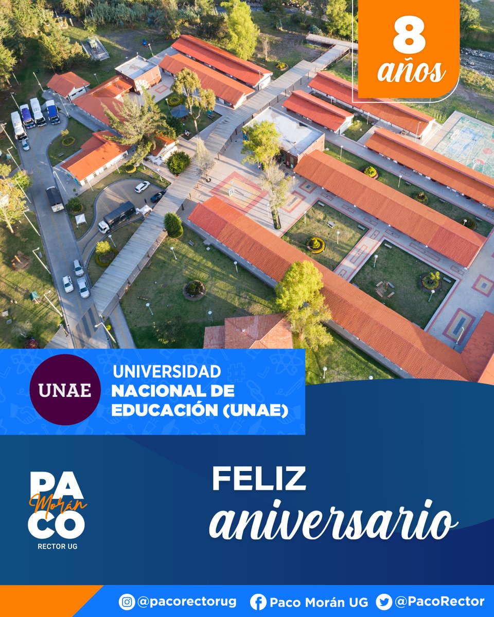 Felicidades a la <a href="/UNAEcuador/">Universidad Nacional de Educación UNAE</a> por sus 8 años de vida institucional formando futuros líderes y agentes de cambio. 

Los invito a continuar comprometidos con la calidad educativa. 

Paco Morán 

#UniversidaddeGuayaquil 
#JuntoshacemoslaUG