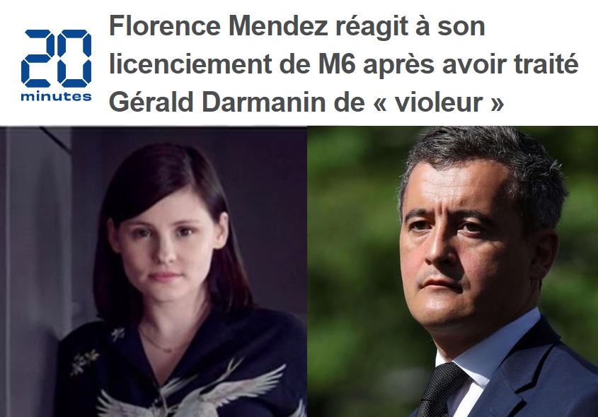 🔴L'humoriste Florence Mendez licenciée de M6 pour avoir qualifié Darmanin de 'violeur'. 

Espérons que les twittos ne vont pas avoir l'idée de publier avec le hashtag #DarmaninSaleVioleur, ça ne serait pas bien du tout hein, vraiment pas bien !

20minutes.fr/people/4038452…