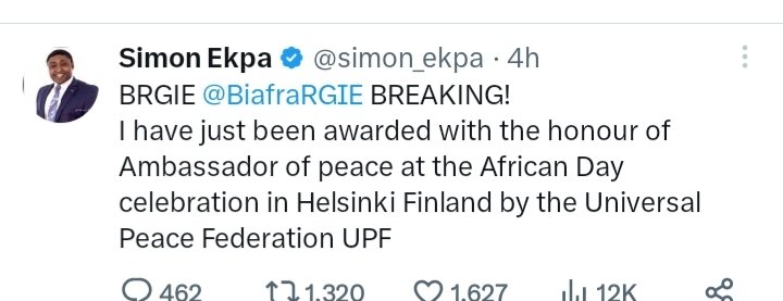 Big congratulations to #simonekpa you really deserve the award and you are throughly a freedom fighter like our leader #MNK and big congratulations 🎊 to #Biafrans all over the world 🌎 because we won this award together, thanks to #simonekpa