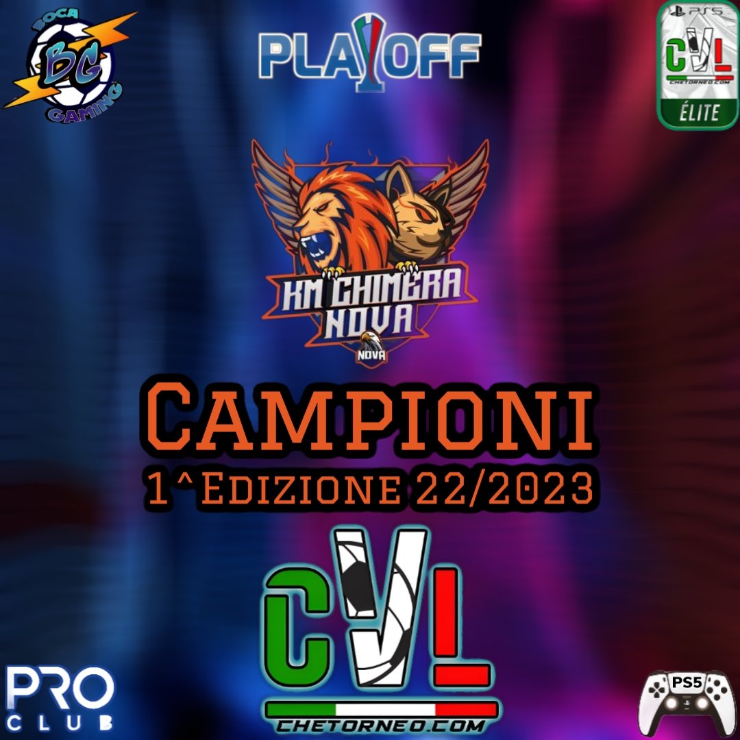 <a href="/CVL_ITALY/">CheTorneo Virtual League #ProClub #NoProfit</a> #ProClubs
#FIFA23

🥇CAMPIONI #WINNER

⚽Lega Élite PS5

🏆 @KmChimeraNova

🥇Complimenti da parte di tutto lo staff 👏

🎙️ Grazie a <a href="/90MBER/">🎙 90MBER 🎙</a> e @_ilgrave per aver reso la serata memorabile 🔝

<a href="/BocaRetwitt/">BocaRT</a>
<a href="/S6_trialhouse/">S6 Trialhouse | #proclubs</a>
<a href="/Freeagent_PS/">Pro Clubs Free Agency</a>
<a href="/EsportsTweeter/">Esports RTs</a>
<a href="/pctransfermarkt/">🇮🇹 PRO CLUBS TRANSFERMARKT🔍</a>
