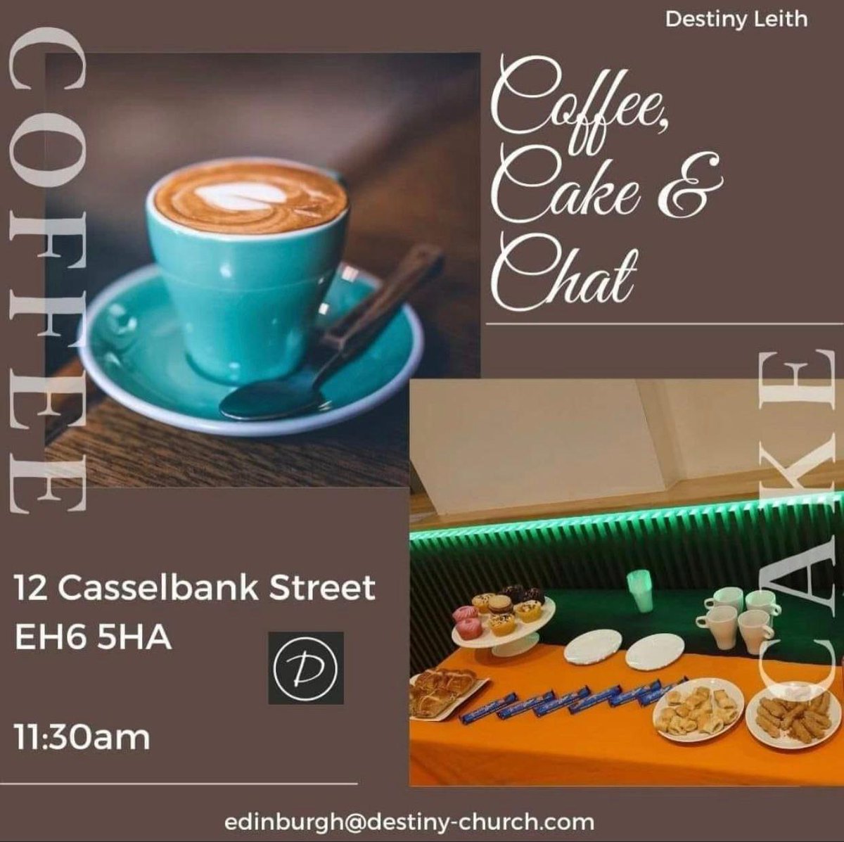 Are you or do you know someone looking for a warm space, a chat or just a hot drink and some yummy treats then come/bring them to Destiny #Leith today Friday the 26th.

Our building is open for you 
12 Casselbank Street EH6 5HA
From 11:30am till 1:30pm 
All are welcome