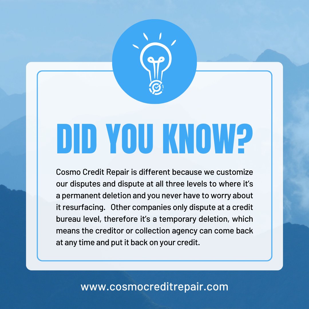 THE COSMO DIFFERENCE? We provide all our clients with PERMANENT DELETIONS!

#CreditRepairSuccess #FinancialFreedom #HomeBuyers #CreditRepairExperts #cosmocredit #CreditScore #GoodCredit #BadCredit #PersonalFinance #CreditRepair #CreditCard #CreditBureau #Experian #Transunion