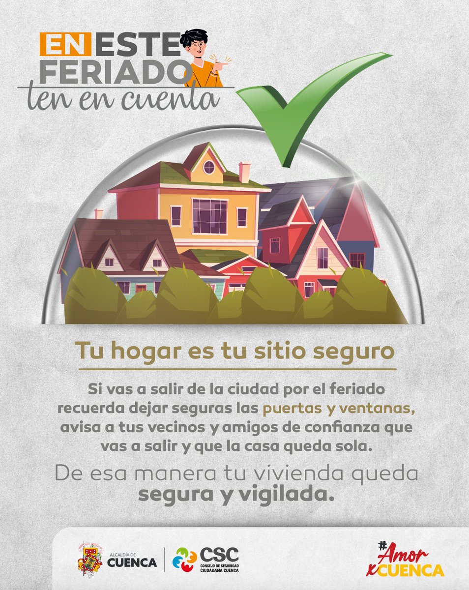 CSC_CUENCA's tweet image. #AmorPorCuenca 

El #CSC_CUENCA te invita a que disfrutes de los tuyos en este feriado;
estamos alertas 24/7 ante cualquier tipo de incidentes.

👉Por tu seguridad te hacemos las  siguientes recomendaciones.

@czamoramatute
@cuevavpablo 

RECUERDA 👇