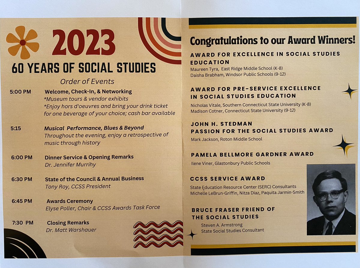 Happening right now honoring our teacher colleagues, education partners and <a href="/EducateCT/">CT Dept of Education</a> Education Consultant Steve Armstrong! 60 Years of Peace, Love &amp; Social Studies <a href="/ctserc/">CT SERC</a> <a href="/CT_Council/">CCSS</a>