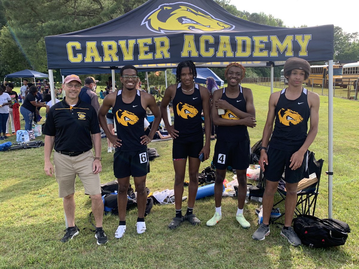 Our regional qualifiers left it all on the track at regionals yesterday. 3 out of 4 have qualified for states and will compete next Friday/Saturday at JMU. (L to R) Coach Engel, D. Sanchez (12th), J. Mitchell (12th), C. Robinson (12th), D. Roney (10th). #CCCATandF
