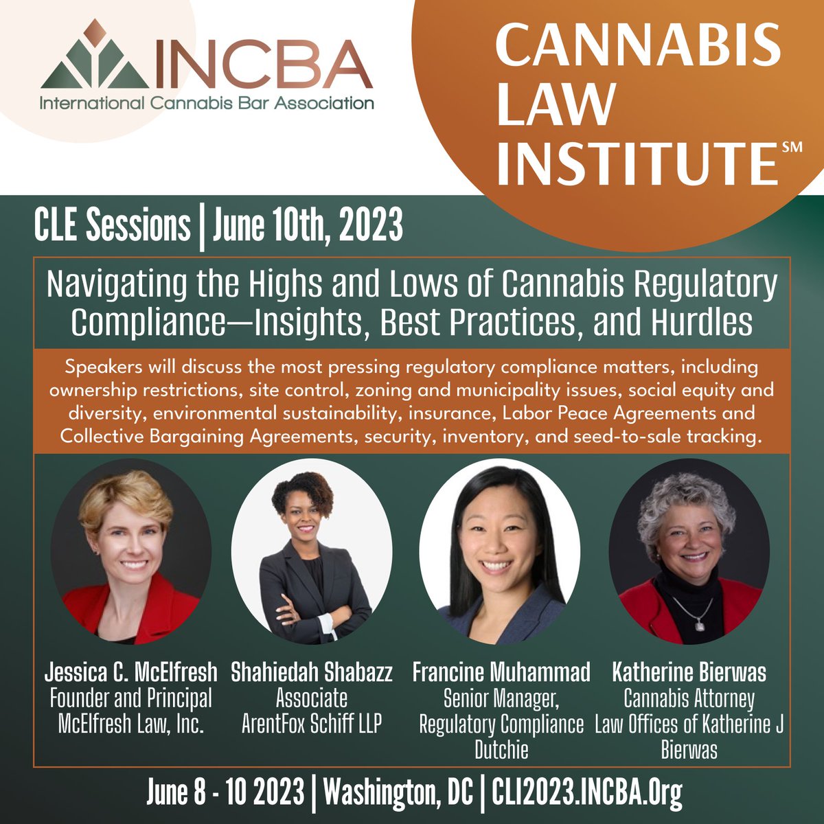 Jessica C. McElfresh (@mcelfreshlawca) on Twitter photo Can't stop, won't stop talking about <a href="/theINCBA/">International Cannabis Bar Association</a>'s Cannabis Law Institute - June 8-10 at GW Law in DC - including I am speaking with Shahiedah Shabazz, Katherine Bierwas, and Francine Whu Muhammad of <a href="/getdutchie/">Dutchie</a> about Navigating the Highs and Lows of Cannabis Regulatory Compliance. Can't stop, won't stop talking about <a href="/theINCBA/">International Cannabis Bar Association</a>'s Cannabis Law Institute - June 8-10 at GW Law in DC - including I am speaking with Shahiedah Shabazz, Katherine Bierwas, and Francine Whu Muhammad of <a href="/getdutchie/">Dutchie</a> about Navigating the Highs and Lows of Cannabis Regulatory Compliance.