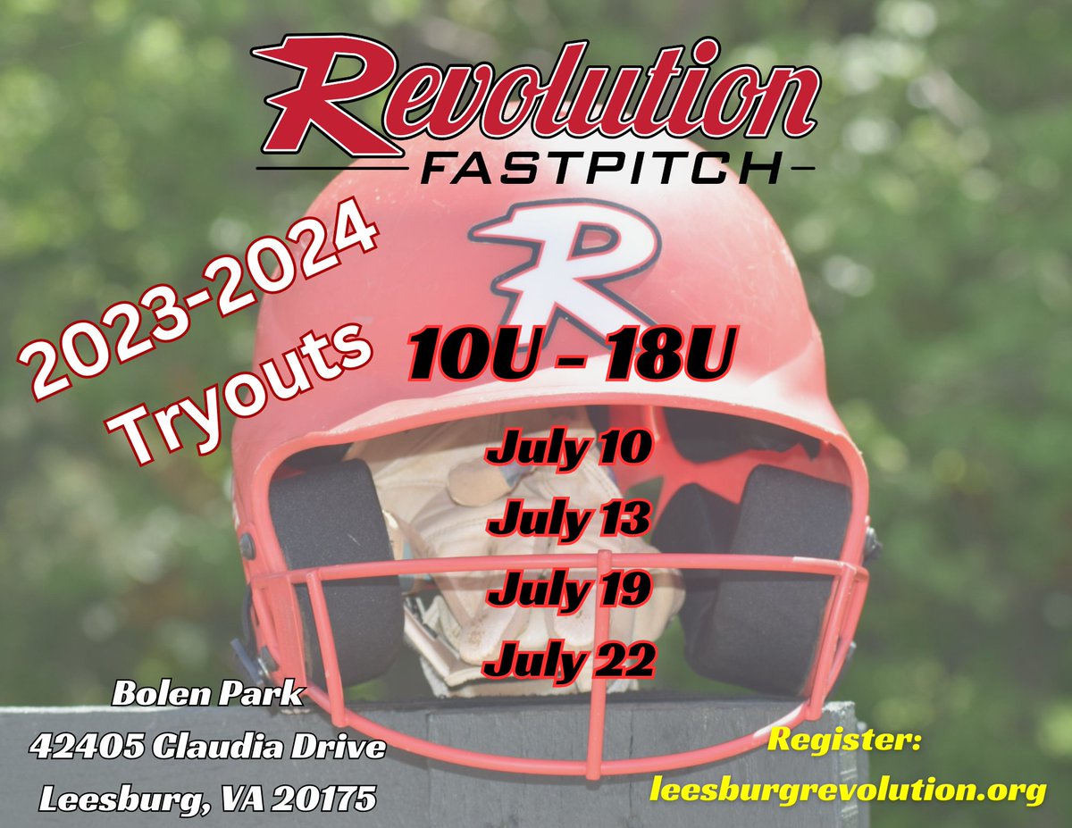 rev_fastpitch's tweet photo. Revolution Fastpitch Softball, based out of Leesburg, announces its tryout dates for the 2023-2024 Season!
Tryouts will be spread out over the following dates: July 10, July 13, July 19 and July 22 at Bolen. Register: https://t.co/hJlfxEP70C
#revolutionfastpitch https://t.co/Vn6shfuGIU
