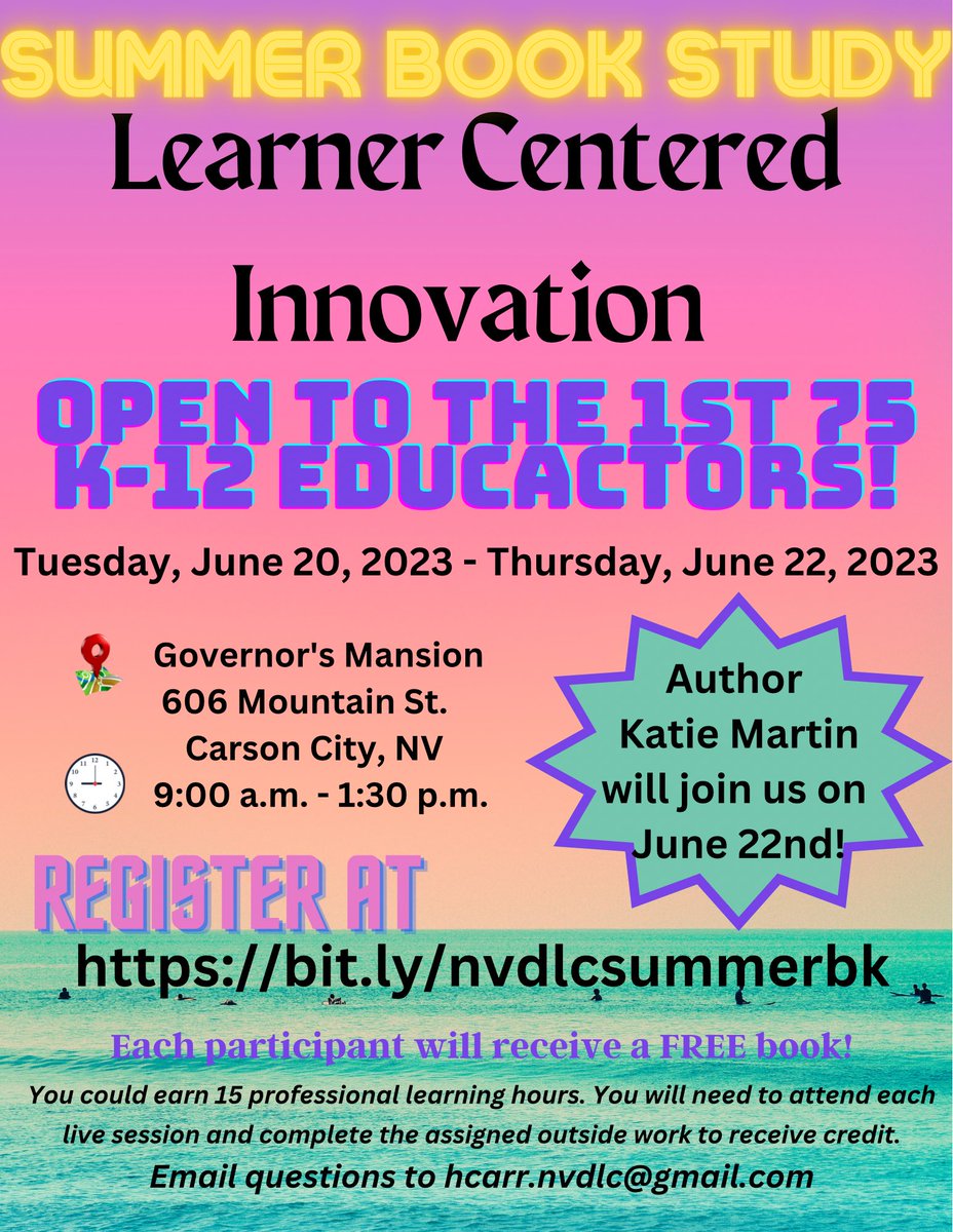 Join us for our in-person book study this summer! We are excited to have author @katiemartinedu join us! 

 🗓️ June 20th - June 22, 2023

🕰️ Each day from 9:00am - 1:30pm

📍Carson City, NV

📲 Register at bit.ly/nvdlcsummerbk by June 2.

#nvdlc #weareWCSD #lyoncsd #nvside