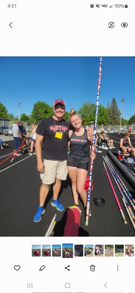 CFTrackandField's tweet photo. Natalie Schueller punches her ticket to state with a new school record of 9'9 and a 3rd place finish!! @Thompsonswisdom https://t.co/saawFyUrcb