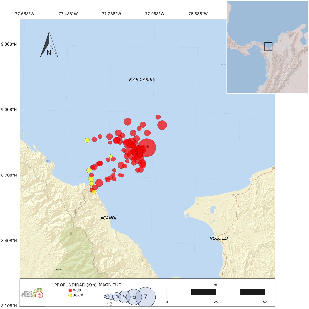 sgcol's tweet photo. 📢Sobre los sismos ocurridos recientemente en aguas del mar Caribe, les compartimos este comunicado📢 

➡️https://t.co/IW9WaT1QC8

#Temblor #Sismo 

📌En la imagen ven el mapa de réplicas registradas y localizadas por el SGC-RSNC hasta las 12 del día del 25 de mayo de 2023 https://t.co/9agmv76uTk
