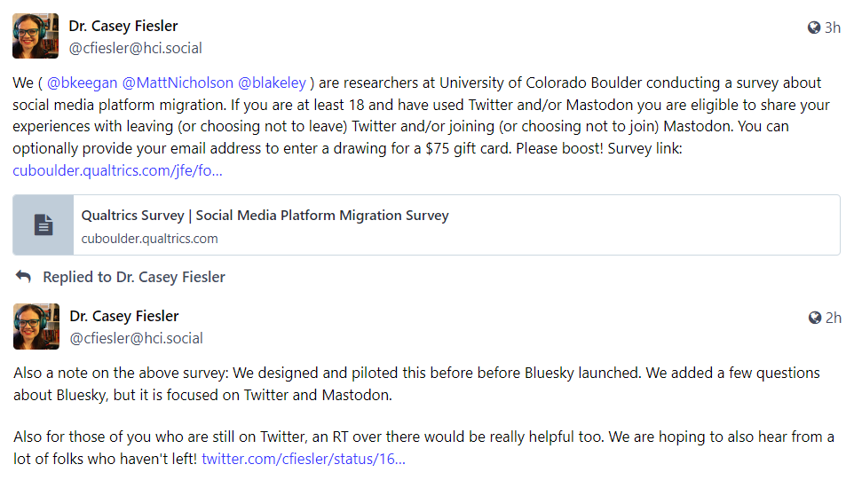 MastodonMigrate's tweet photo. Join this University of Colorado Boulder study to understand why you are still on Twitter and earn a $75 gift card!
https://t.co/cdVWqTXWRH

link: https://t.co/fstWQBrErQ https://t.co/yhxf5tzU7s